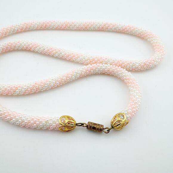 Vintage Pink White Beaded Rope Necklace Gold‎ Tone Filigree Clasp Handmade - Picture 1 of 11